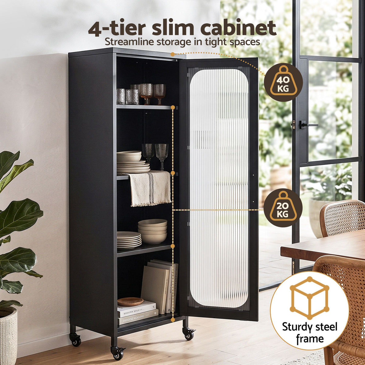 TWSC Buffet Cabinet Sideboard Slim Fluted Kitchen Storage Trolley Wheels Black