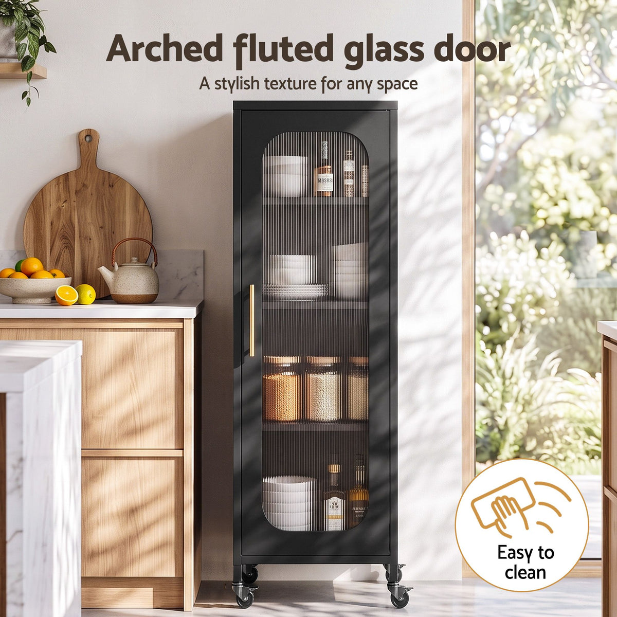 TWSC Buffet Cabinet Sideboard Slim Fluted Kitchen Storage Trolley Wheels Black