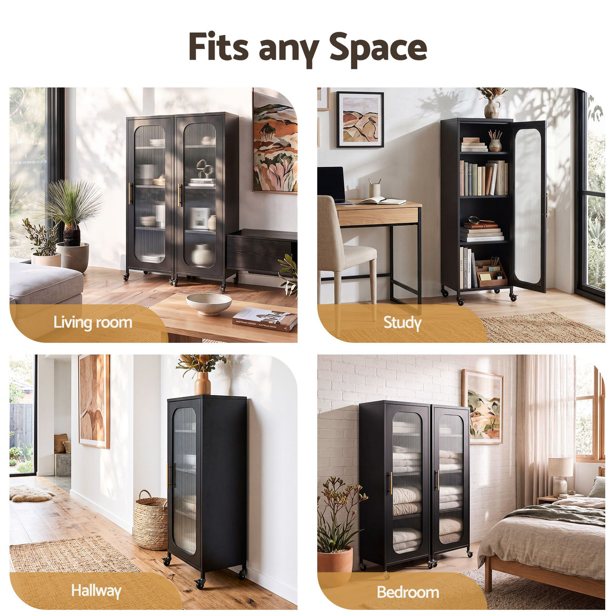 TWSC Buffet Cabinet Sideboard Slim Fluted Kitchen Storage Trolley Wheels Black