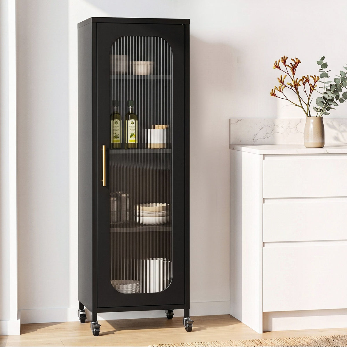 TWSC Buffet Cabinet Sideboard Slim Fluted Kitchen Storage Trolley Wheels Black