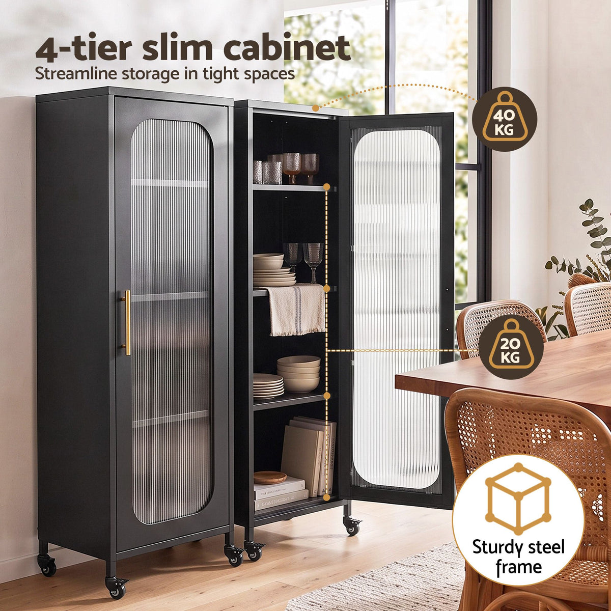 TWSC Buffet Cabinet Sideboard X2 Slim Kitchen Storage Trolley Wheels Black