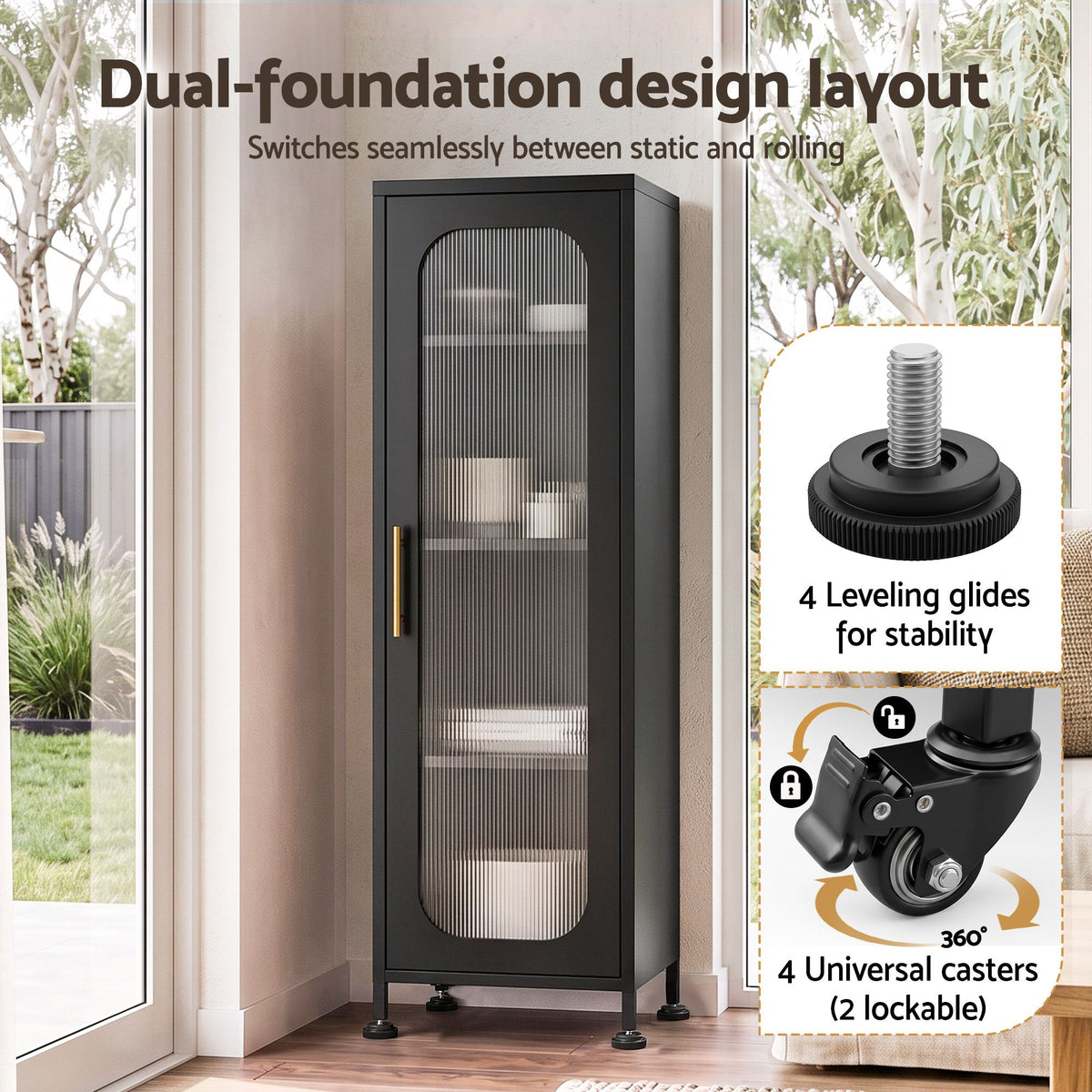 TWSC Buffet Cabinet Sideboard X2 Slim Kitchen Storage Trolley Wheels Black