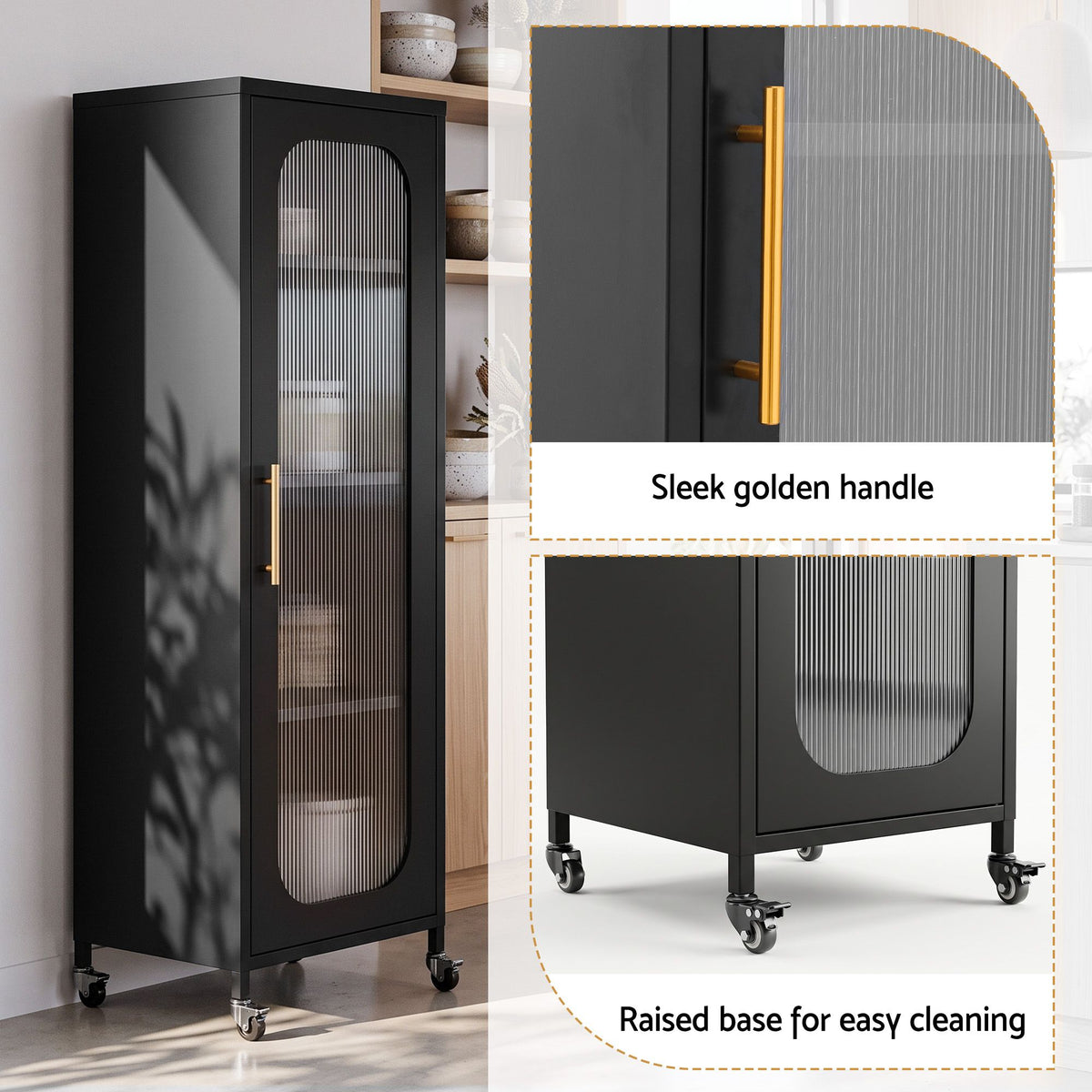 TWSC Buffet Cabinet Sideboard X2 Slim Kitchen Storage Trolley Wheels Black