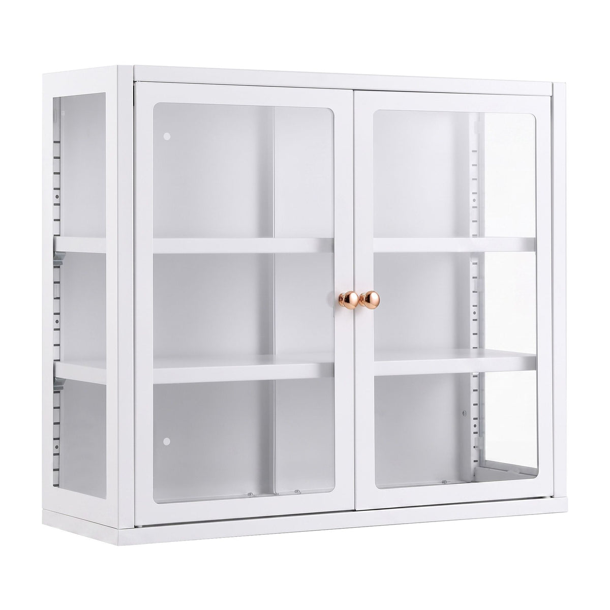 Modern glass display cabinet featuring a minimalist white frame and clear glass doors for showcasing décor.