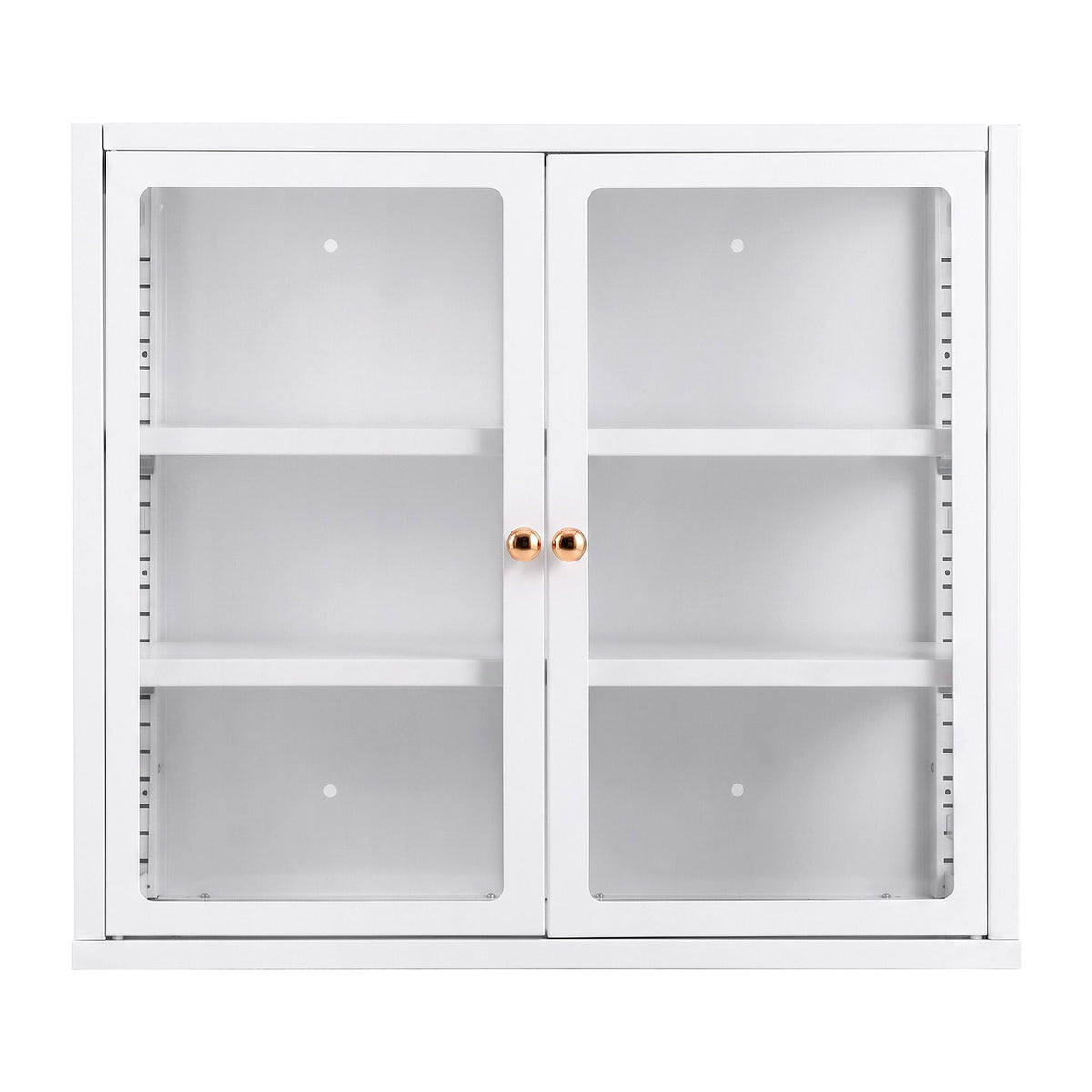 modern glass display cabinet featuring a white metal frame and clear glass doors, ideal for showcasing decor.