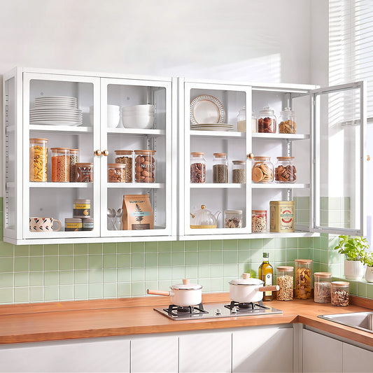 Stylish kitchen with TWSC glass display cabinet for collectibles, showcasing glass jars and plates in a modern white finish.