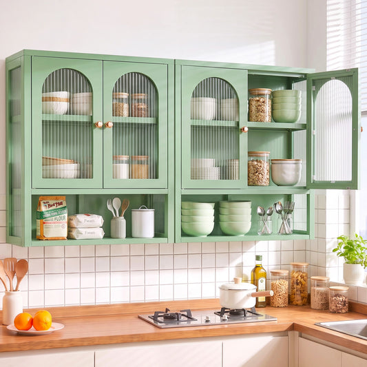 TWSC Buffet Cabinet Sideboards X2 Wall Mounted Fluted Display Storage Green