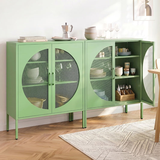 TWSC 2x Buffet Sideboard Cabinet ELSA Cupboard Storage Mesh Doors Metal Green