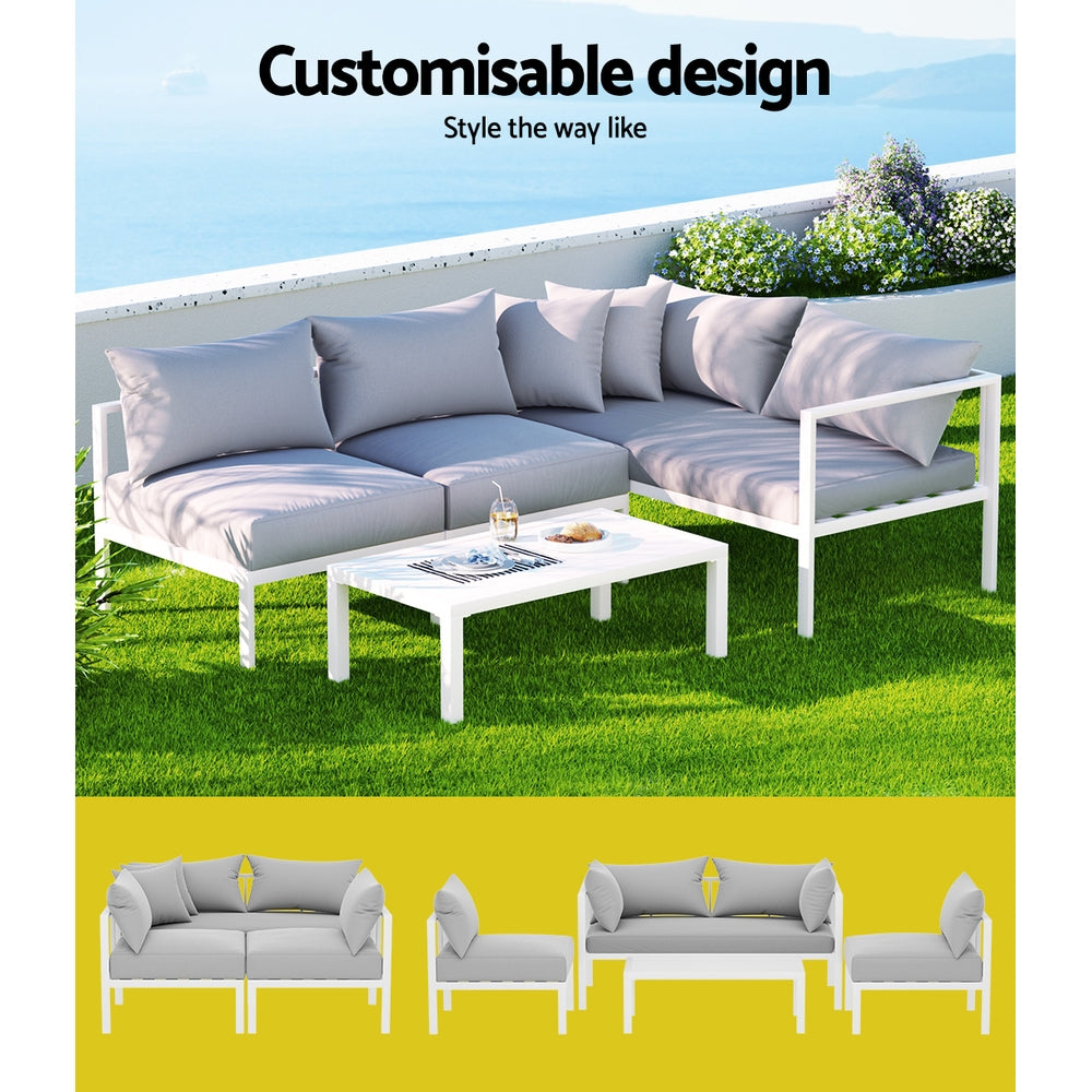 4-Seater Outdoor Sofa Set – Aluminium Frame, Grey Cushions