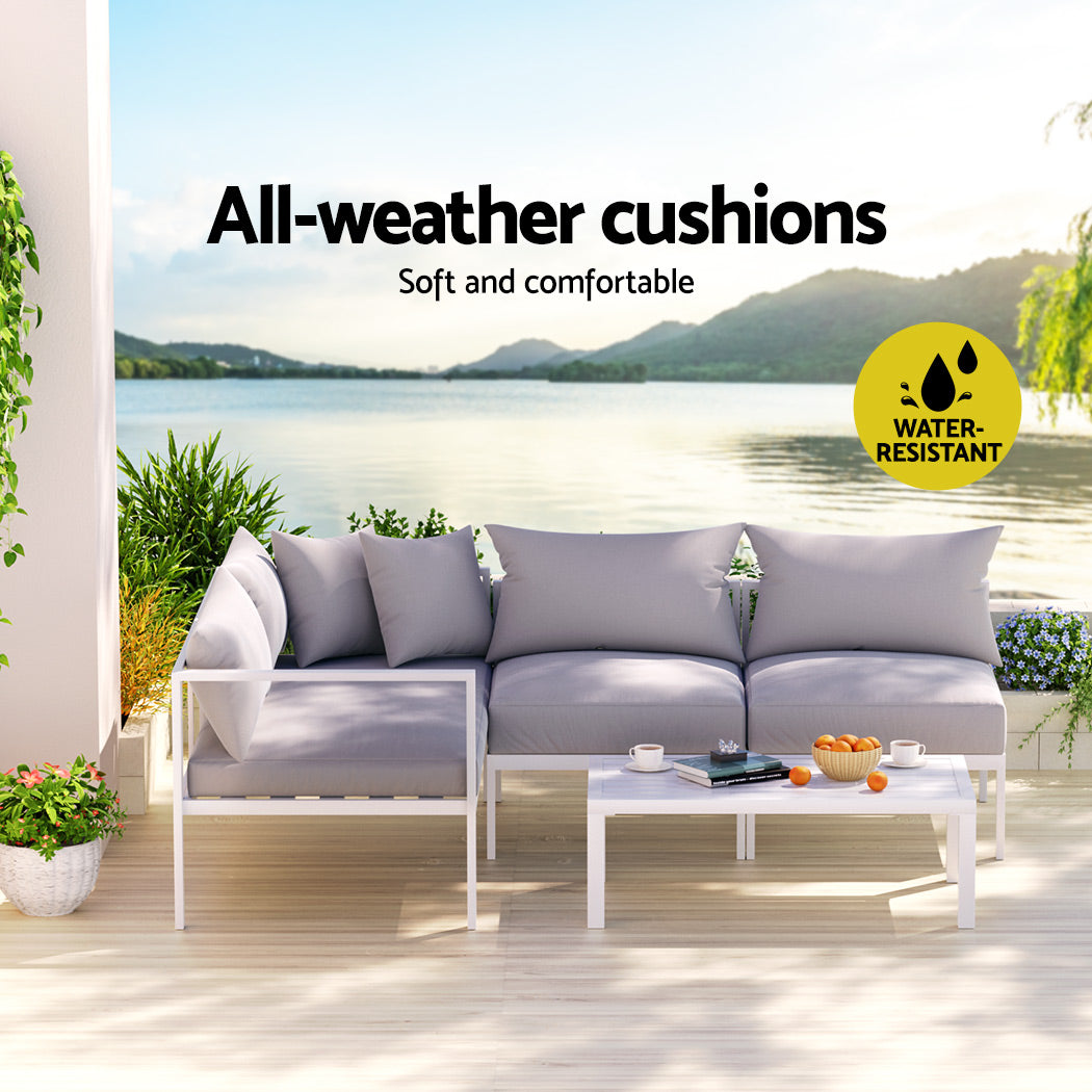 4-Seater Outdoor Sofa Set – Aluminium Frame, Grey Cushions