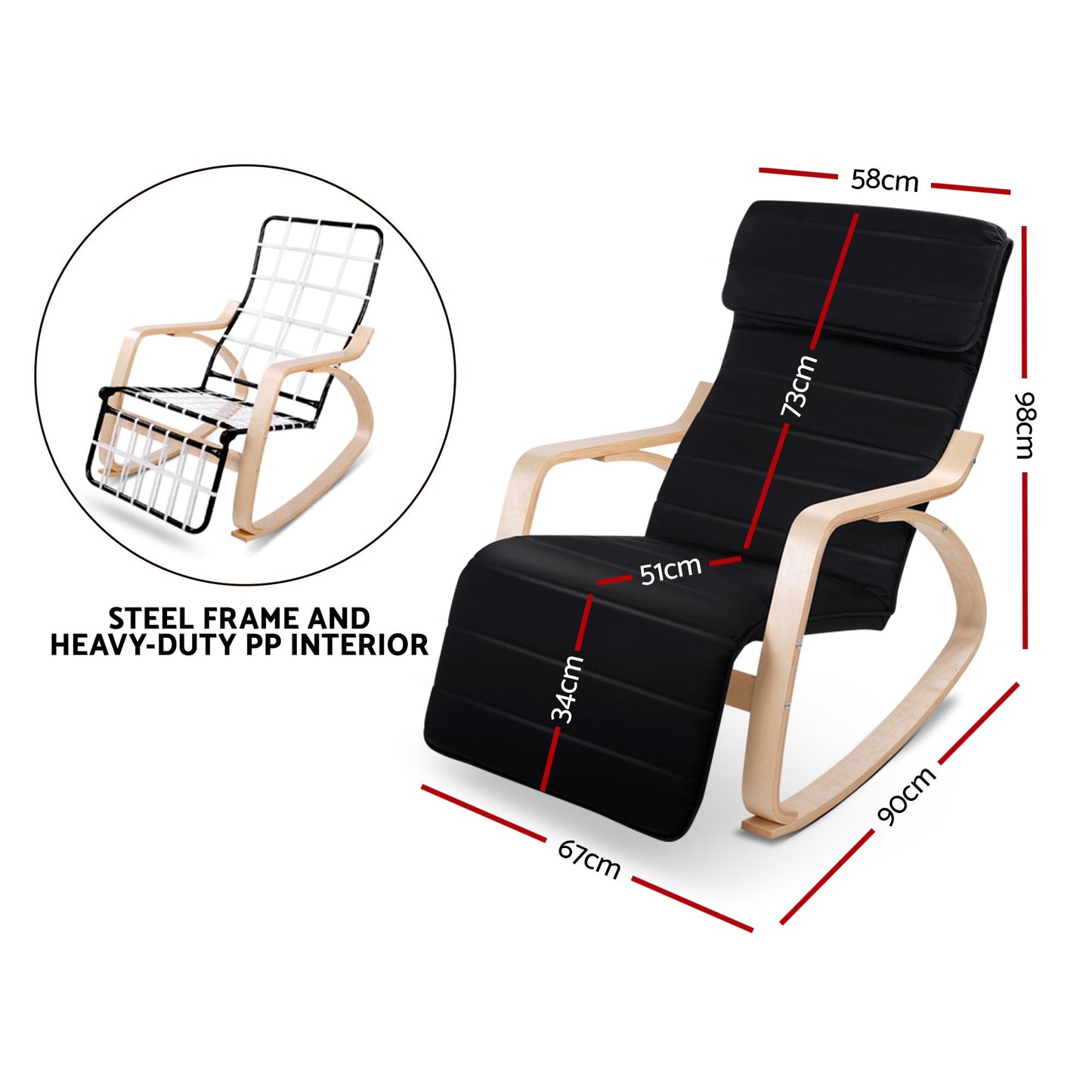 TWSC Rocking Armchair Footrest Nursing Black Afton