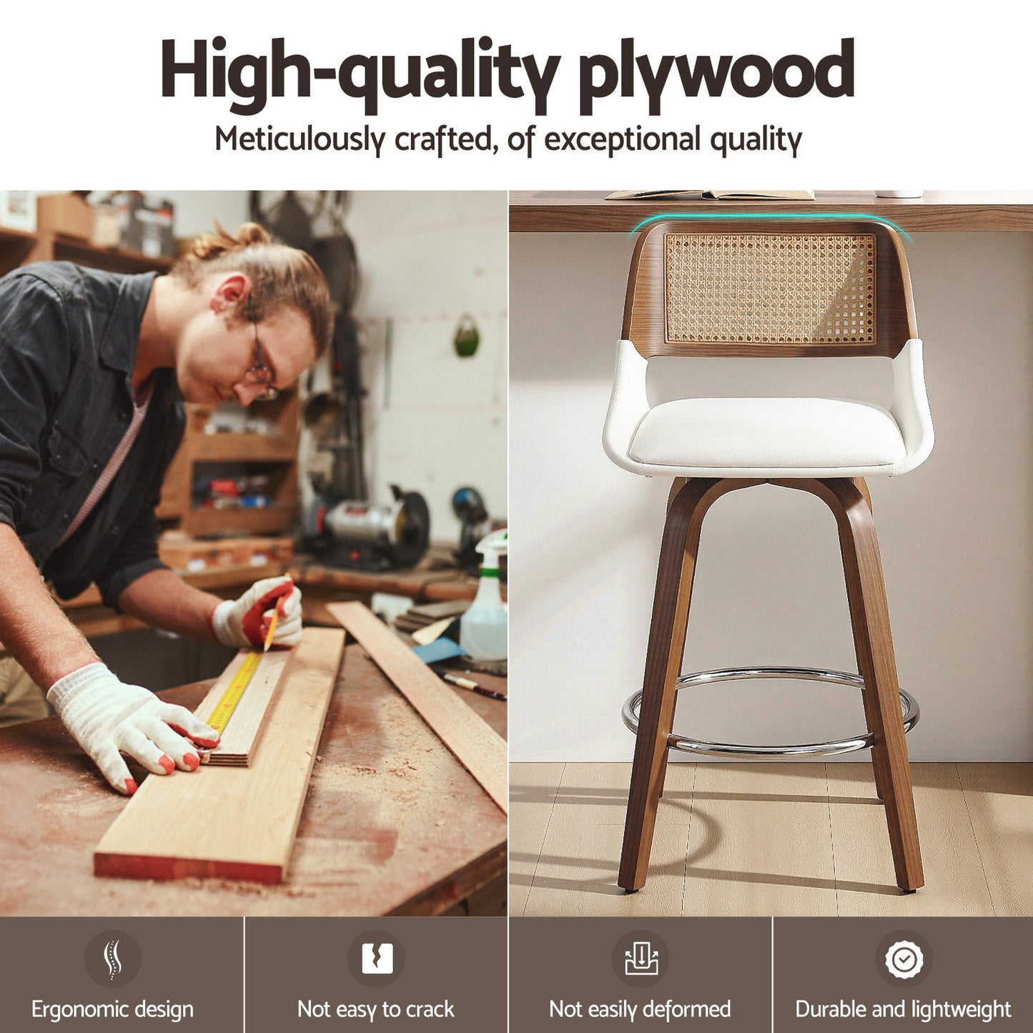 Wooden Swivel Bar Stool – 60cm Seat Height, White PU & Plywood