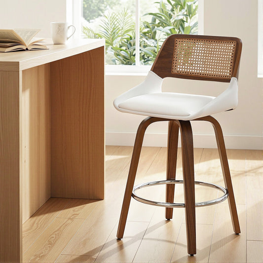 Swivel wooden bar stools featuring a modern design with a white seat and wooden legs, perfect for kitchen counters.