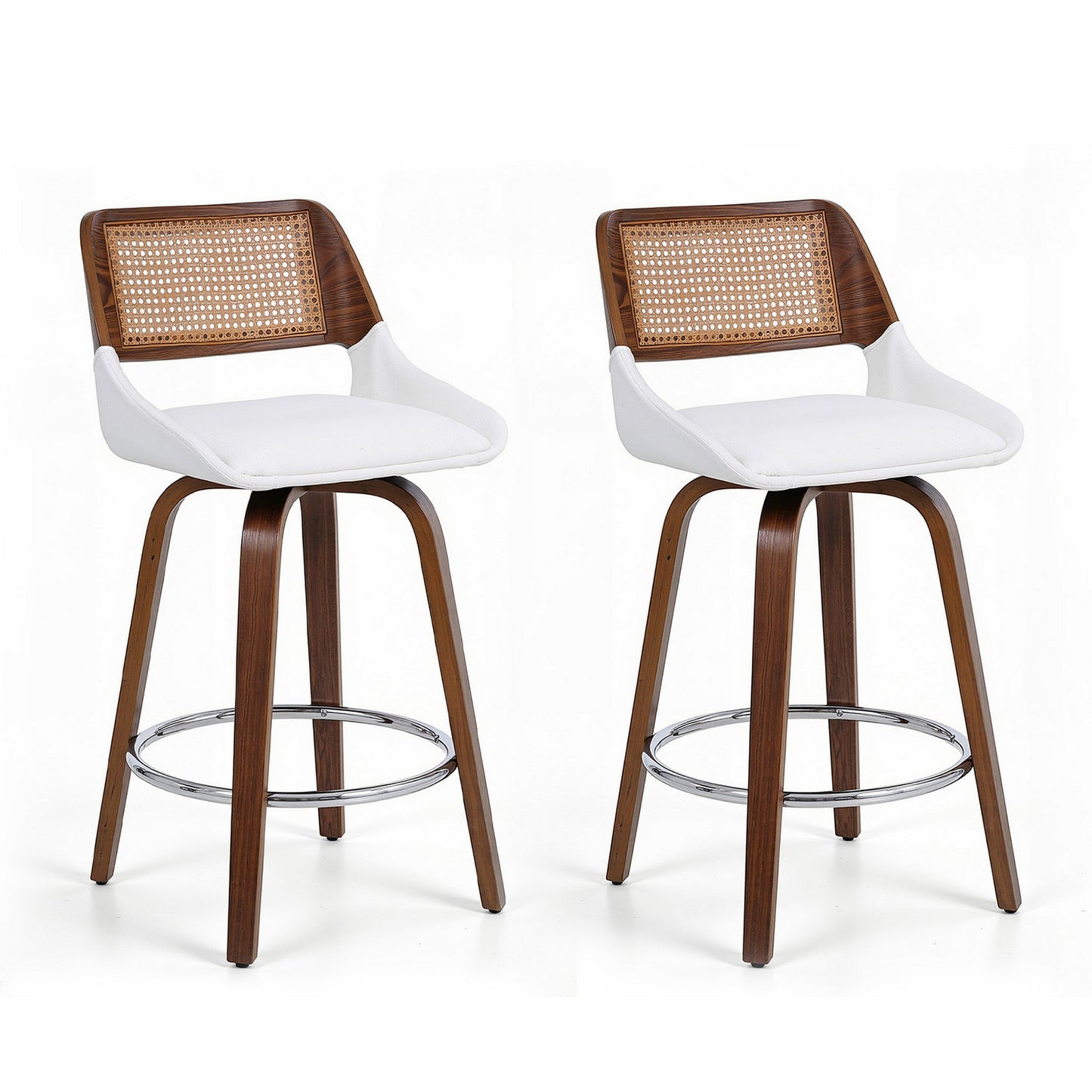 Wooden Swivel Bar Stools Set of 2 – 60cm Seat Height, White PU & Rattan