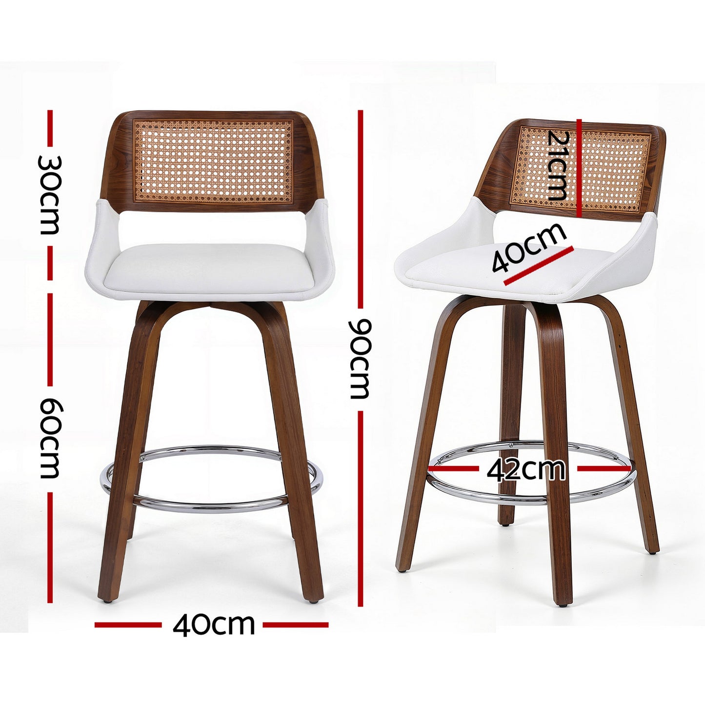 Wooden Swivel Bar Stools Set of 2 – 60cm Seat Height, White PU & Rattan