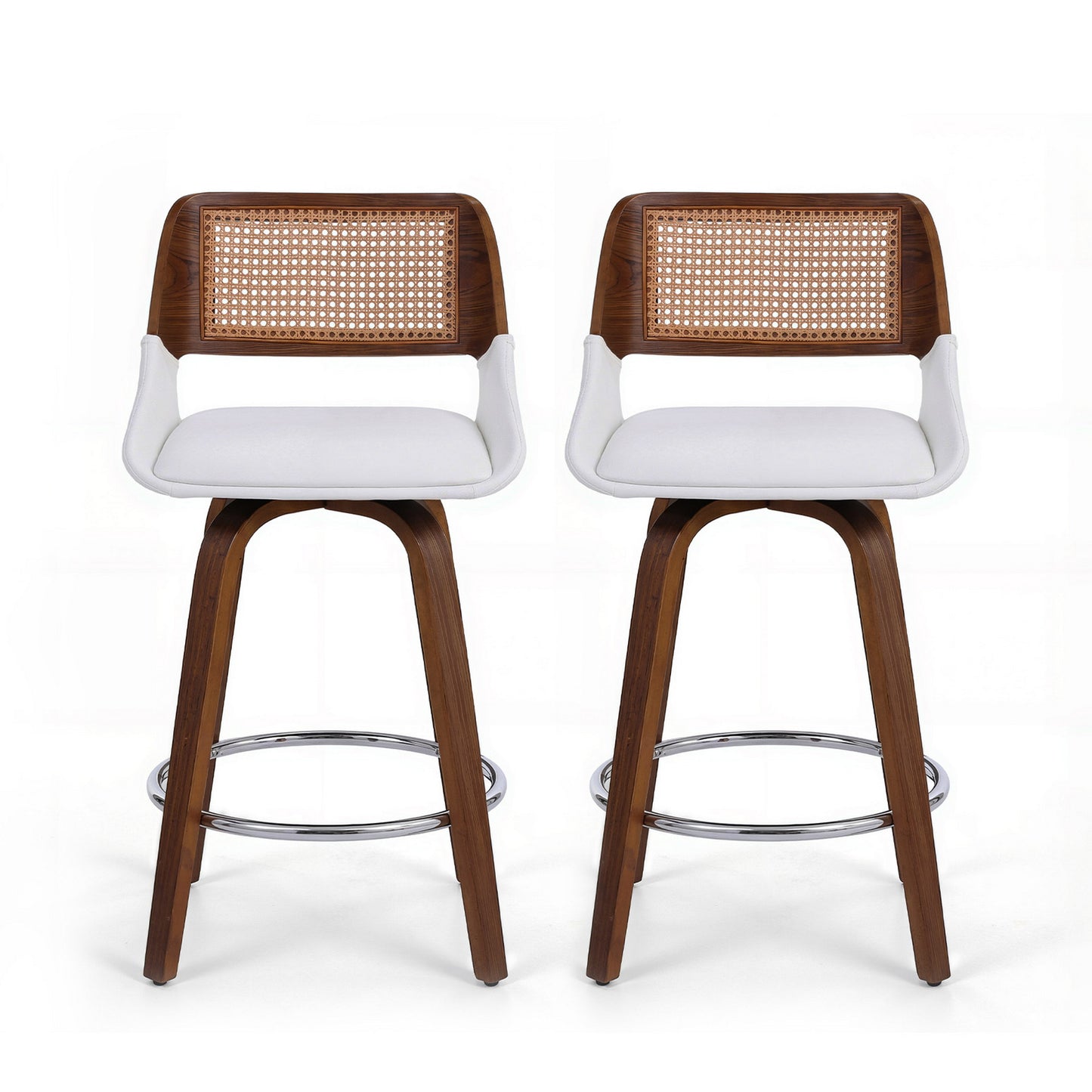 Wooden Swivel Bar Stools Set of 2 – 60cm Seat Height, White PU & Rattan