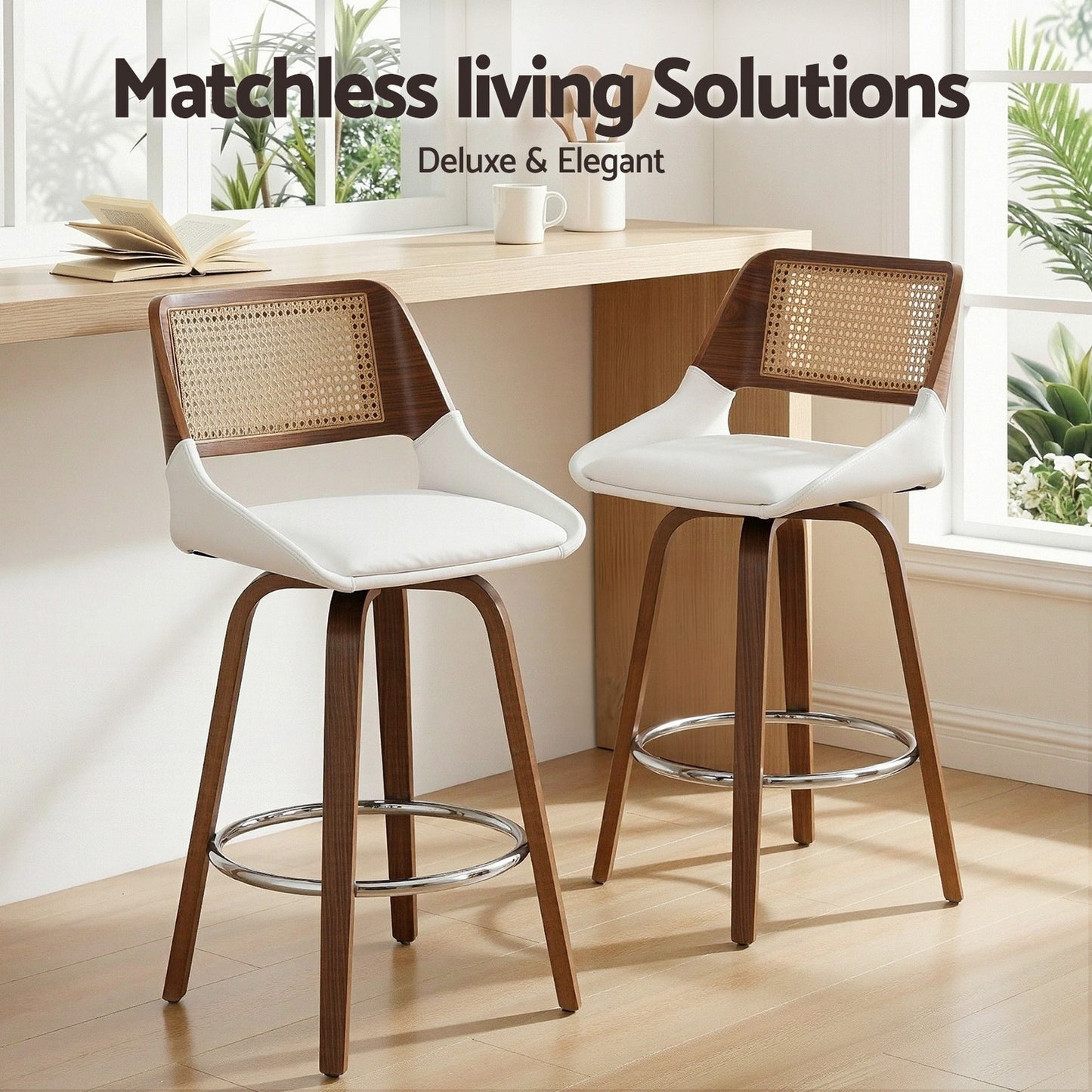 Wooden Swivel Bar Stools Set of 2 – 60cm Seat Height, White PU & Rattan