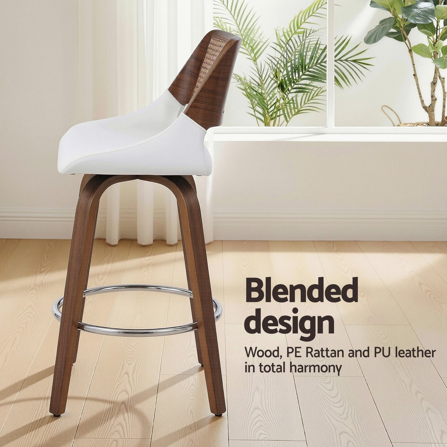Wooden Swivel Bar Stools Set of 2 – 60cm Seat Height, White PU & Rattan