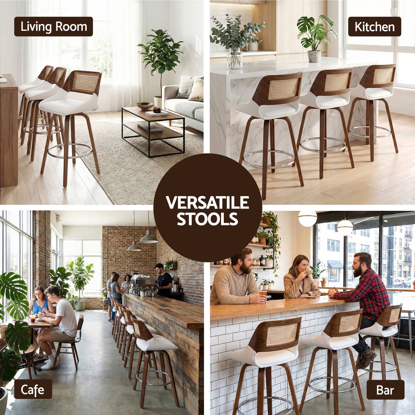 TWSC Wooden Bar Stools Set of 3 Swivel Kitchen Counter Stool Chair 60cm Seat Height
