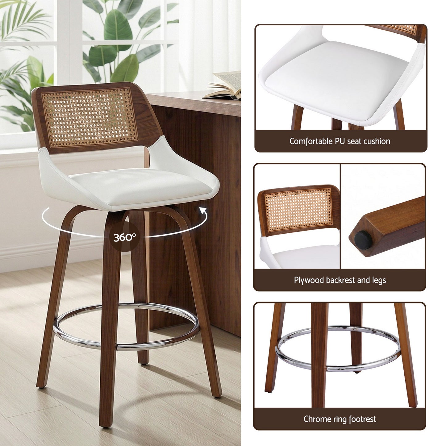 Wooden Swivel Bar Stools Set of 4 – 60cm Seat Height, Kitchen Counter Chairs