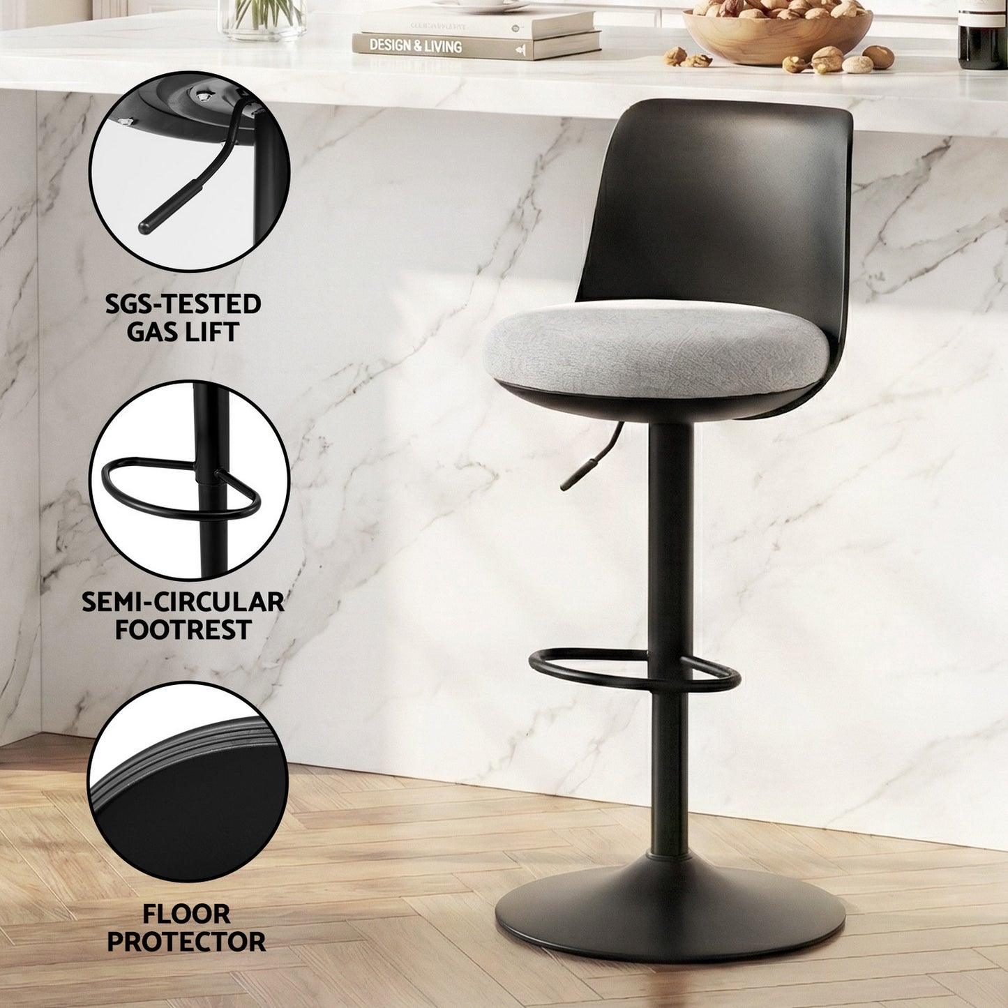 Bar Stools Set of 2 – Swivel, Gas Lift, Black Faux Linen