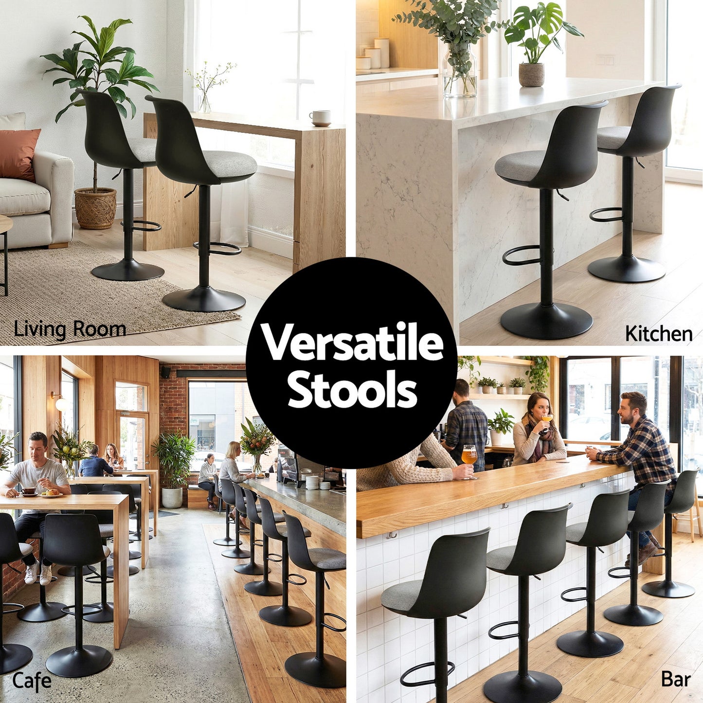 Bar Stools Set of 2 – Swivel, Gas Lift, Black Faux Linen