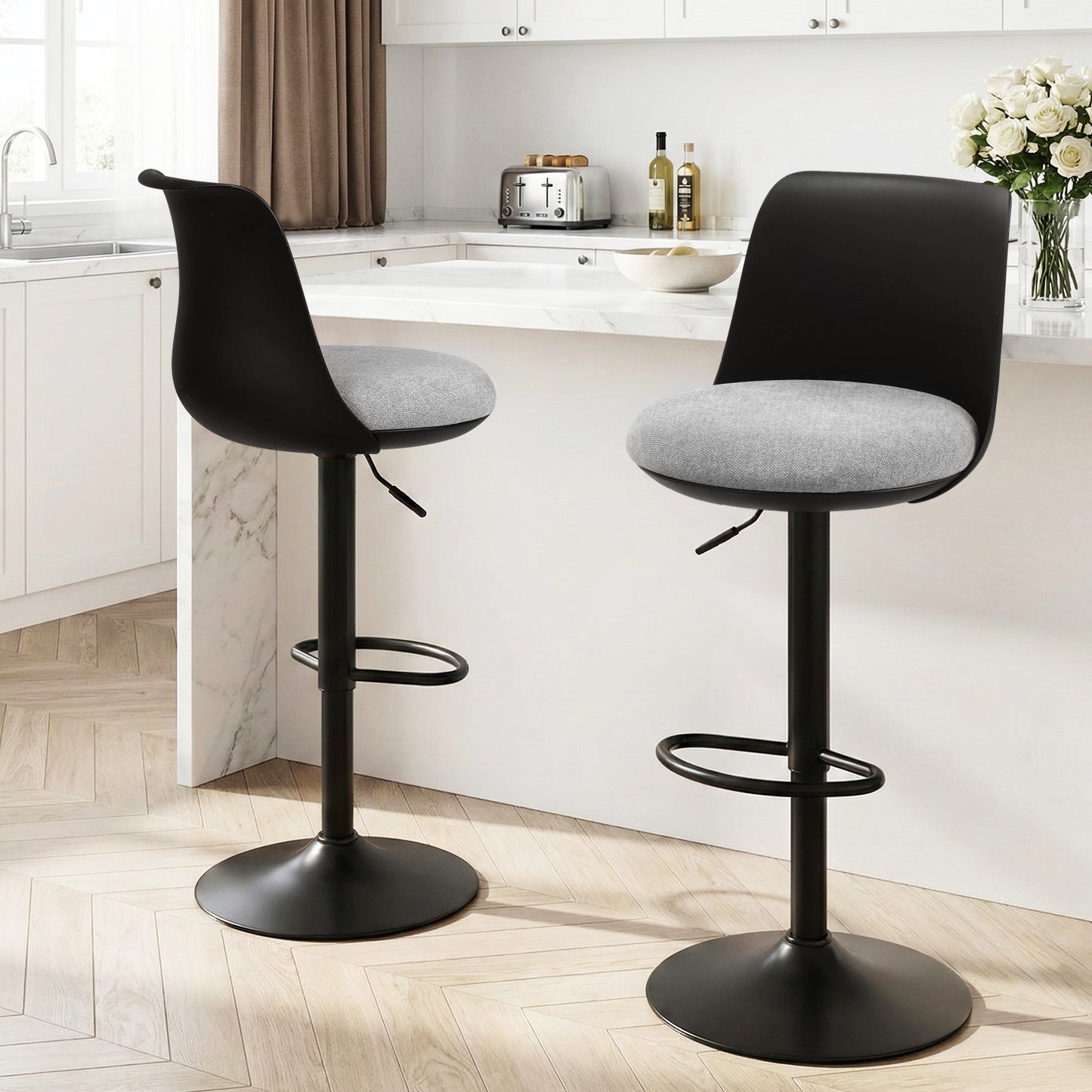 Bar Stools Set of 2 – Swivel, Gas Lift, Black Faux Linen