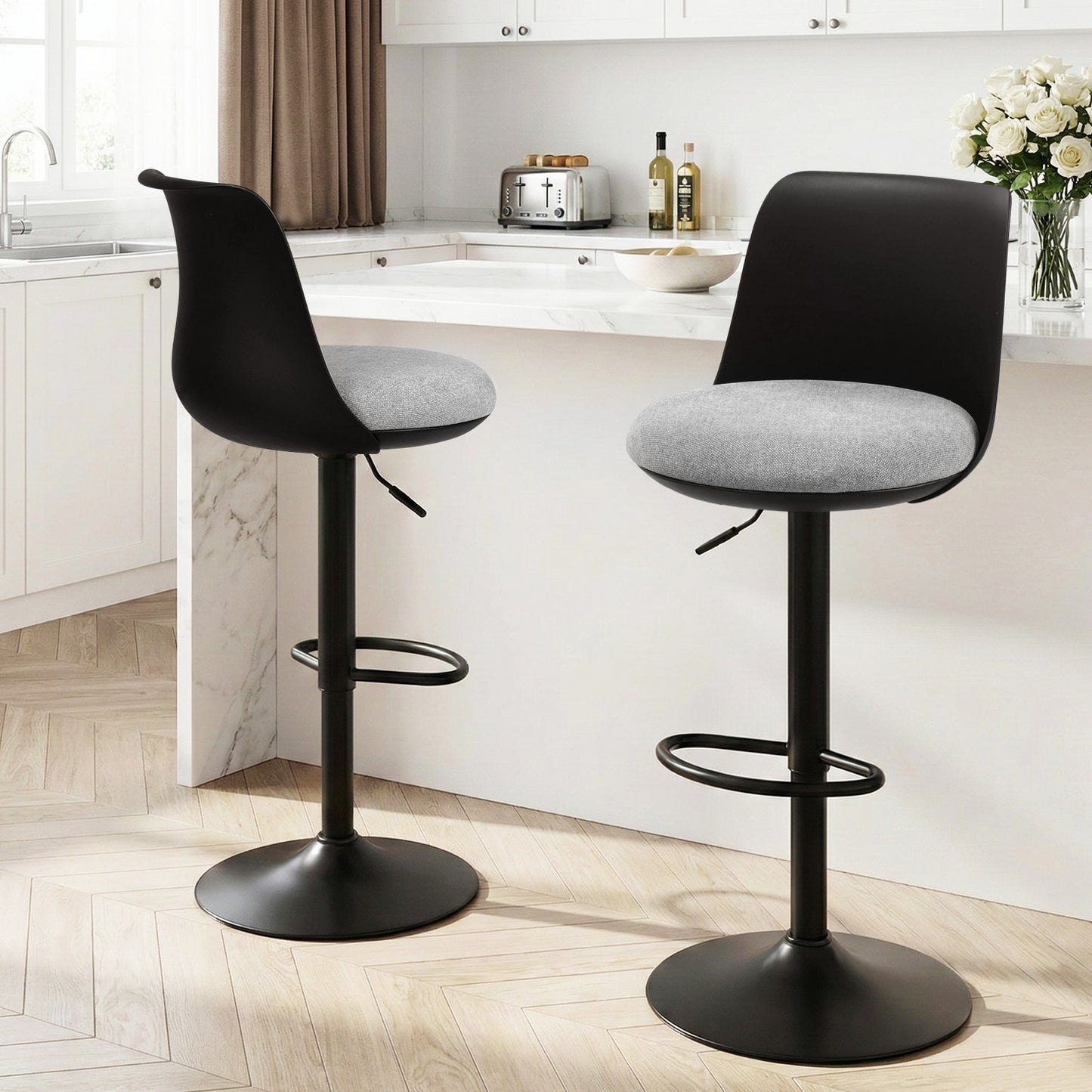 Bar Stools Set of 2 – Swivel, Gas Lift, Black Faux Linen