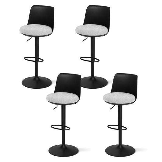 Set of 4 Bar Stools – Swivel Gas Lift, Black Faux Linen Upholstery