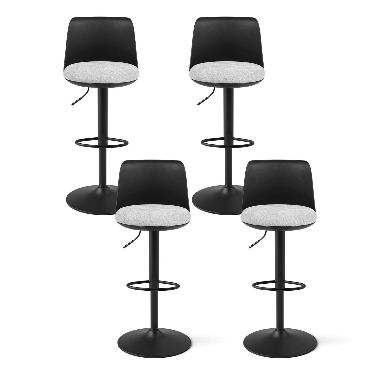 Set of 4 Bar Stools – Swivel Gas Lift, Black Faux Linen Upholstery