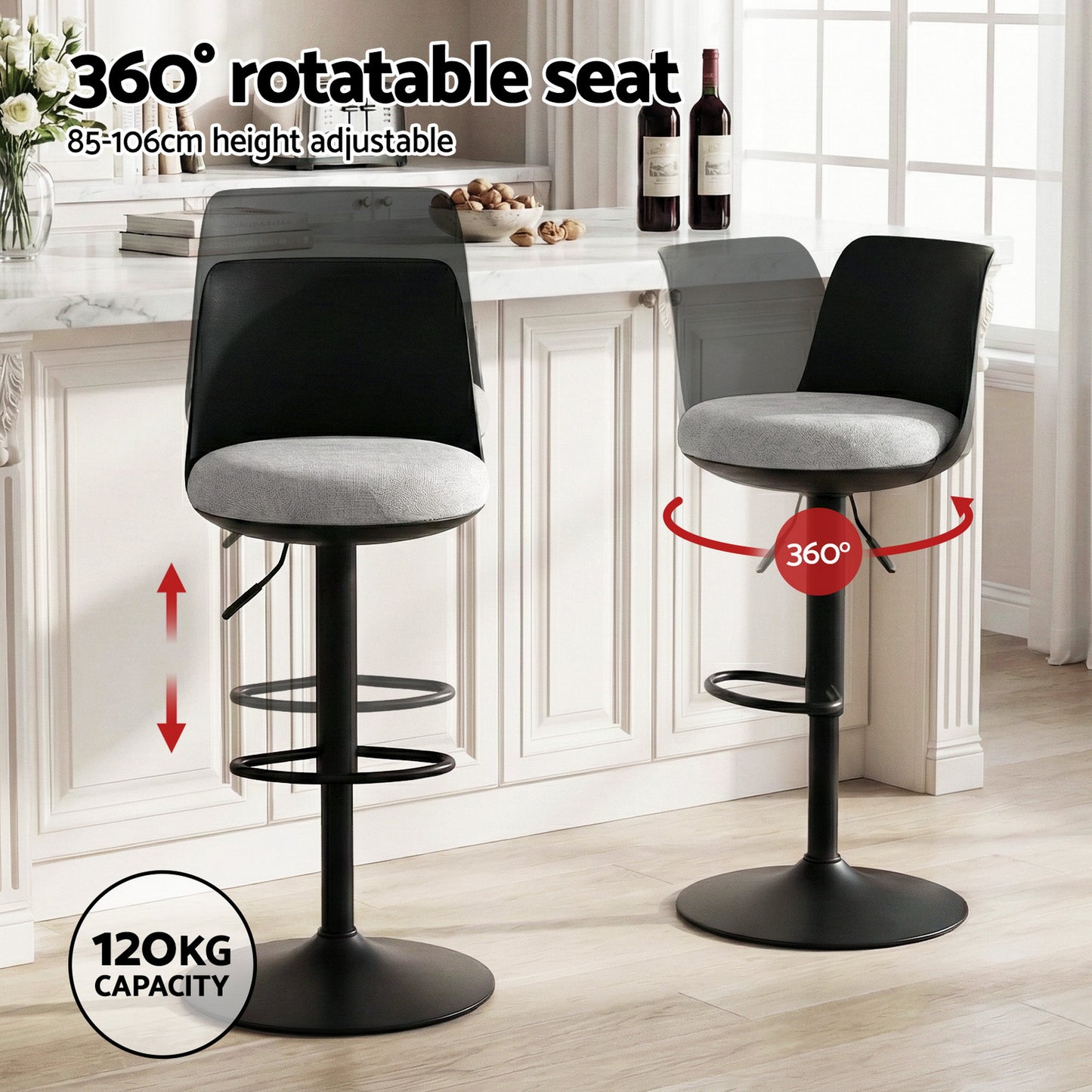 Set of 4 Bar Stools – Swivel Gas Lift, Black Faux Linen Upholstery