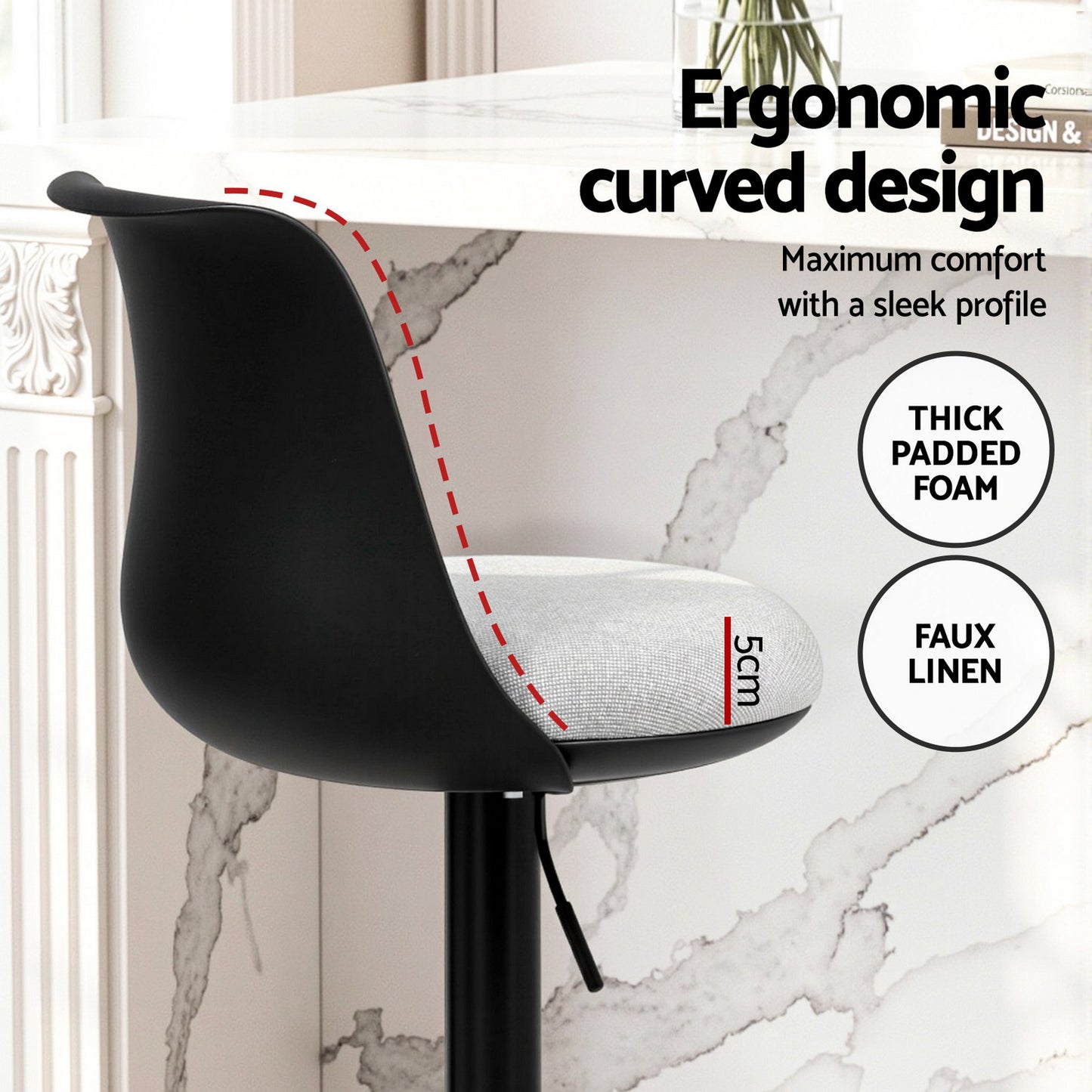Set of 4 Bar Stools – Swivel Gas Lift, Black Faux Linen Upholstery