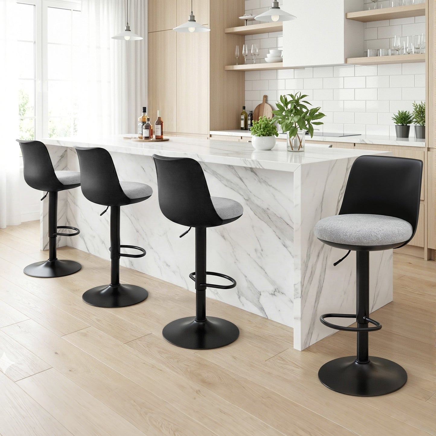 Set of 4 Bar Stools – Swivel Gas Lift, Black Faux Linen Upholstery
