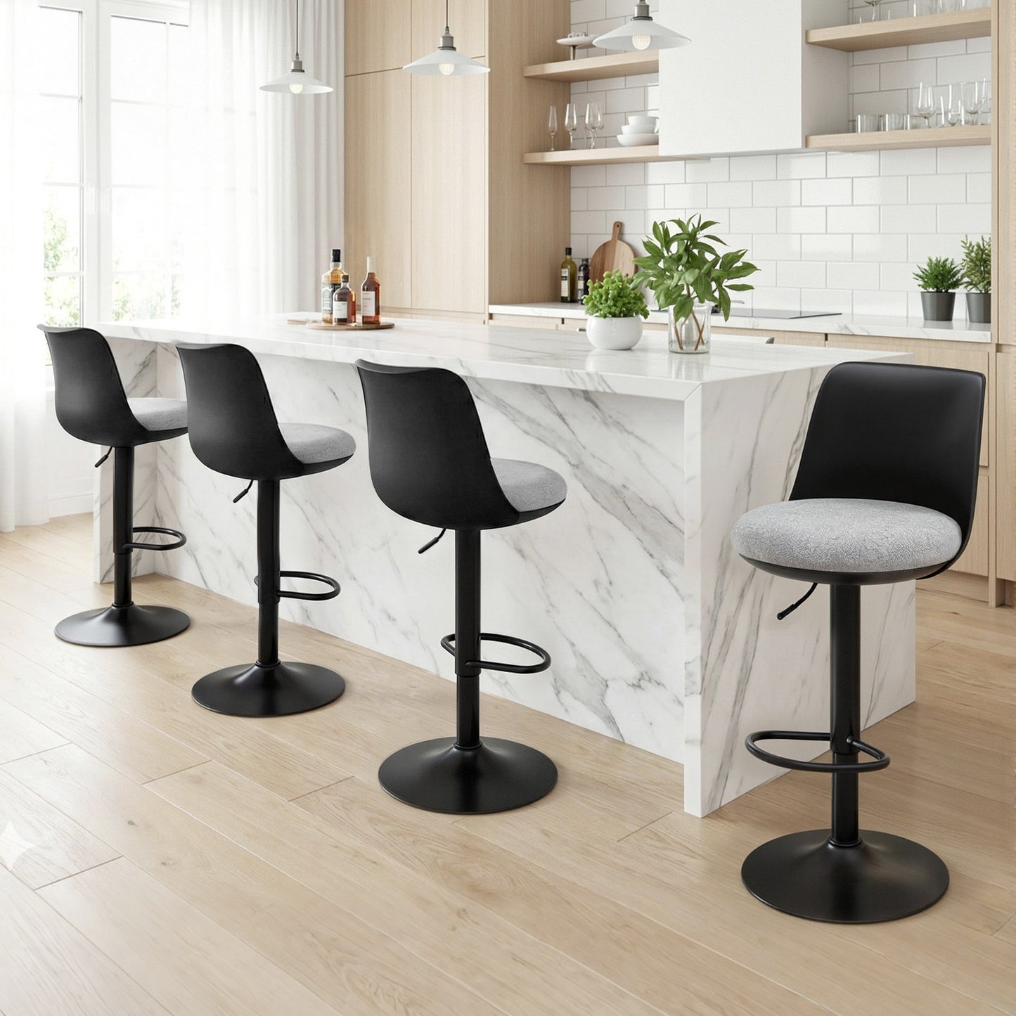 Set of 4 Bar Stools – Swivel Gas Lift, Black Faux Linen Upholstery