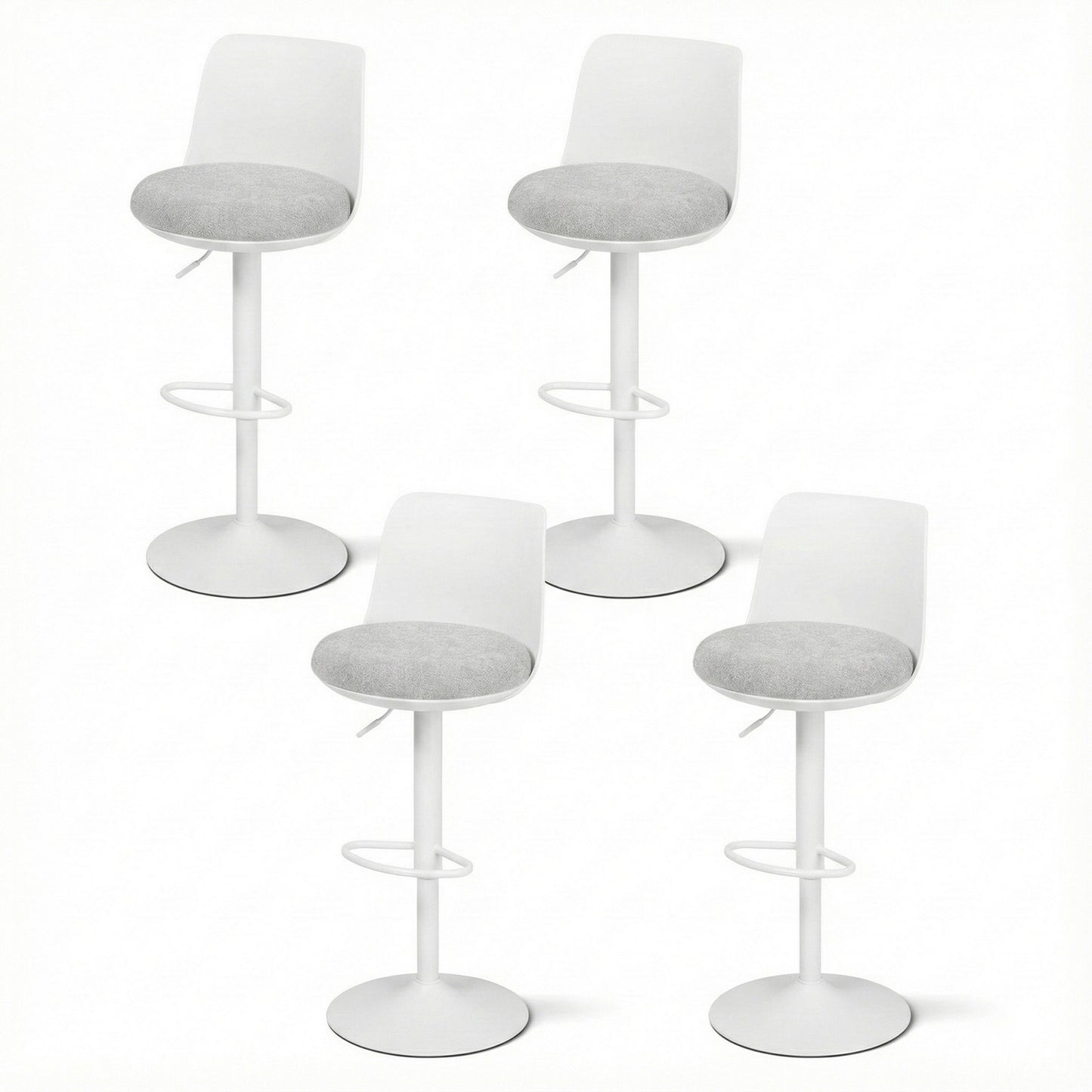 Bar Stools Set of 4 – Swivel Gas Lift, Curved Back, White Faux Linen