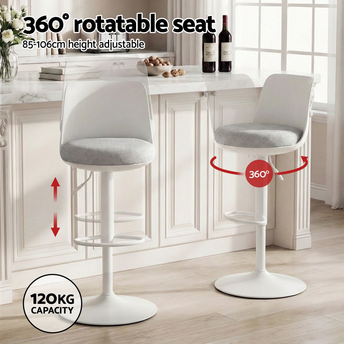 Bar Stools Set of 4 – Swivel Gas Lift, Curved Back, White Faux Linen