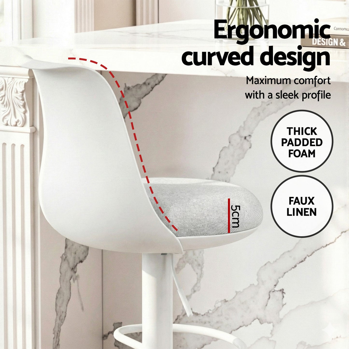 Bar Stools Set of 4 – Swivel Gas Lift, Curved Back, White Faux Linen