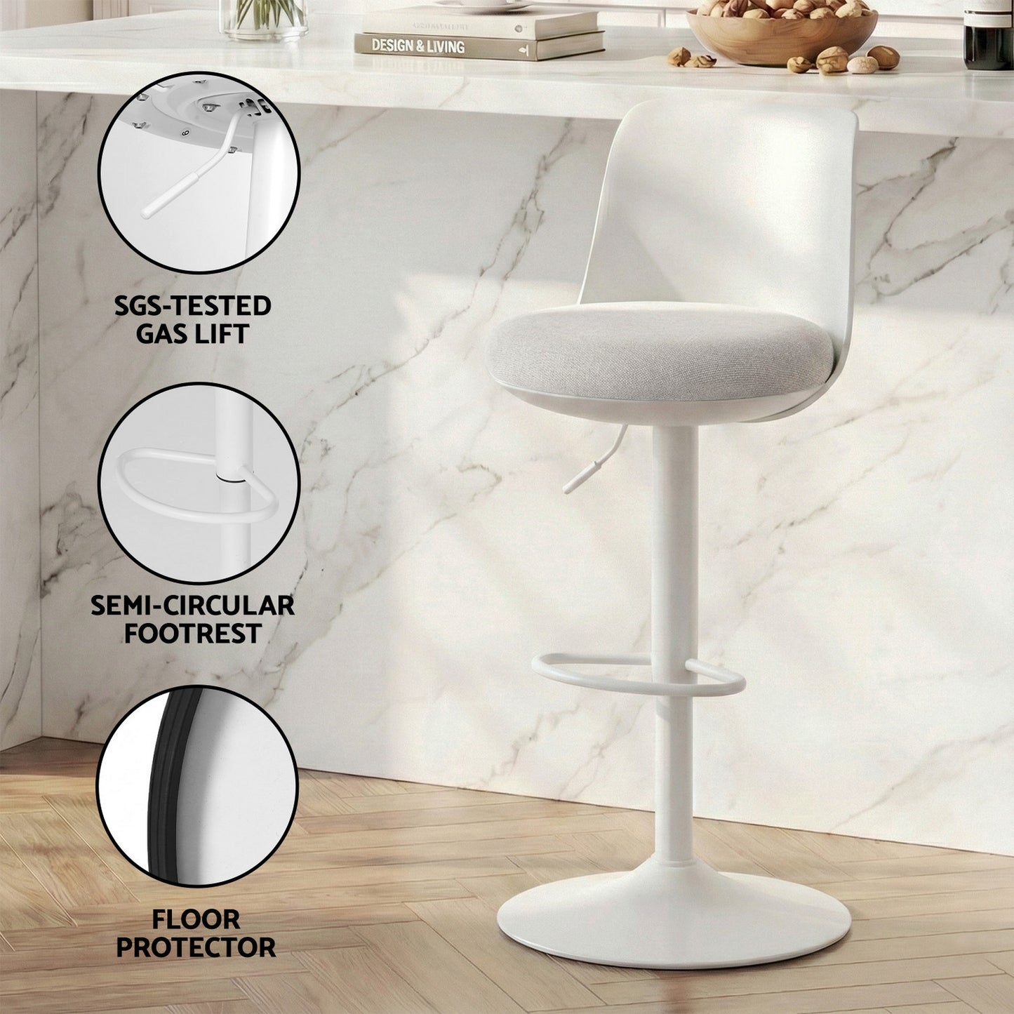 Bar Stools Set of 4 – Swivel Gas Lift, Curved Back, White Faux Linen
