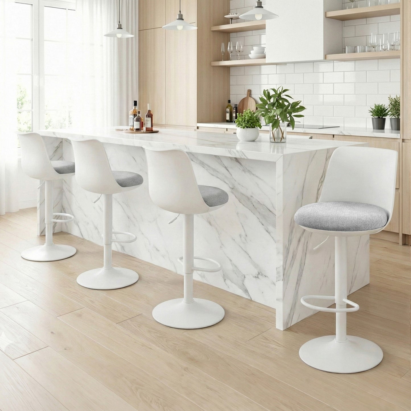 Bar Stools Set of 4 – Swivel Gas Lift, Curved Back, White Faux Linen