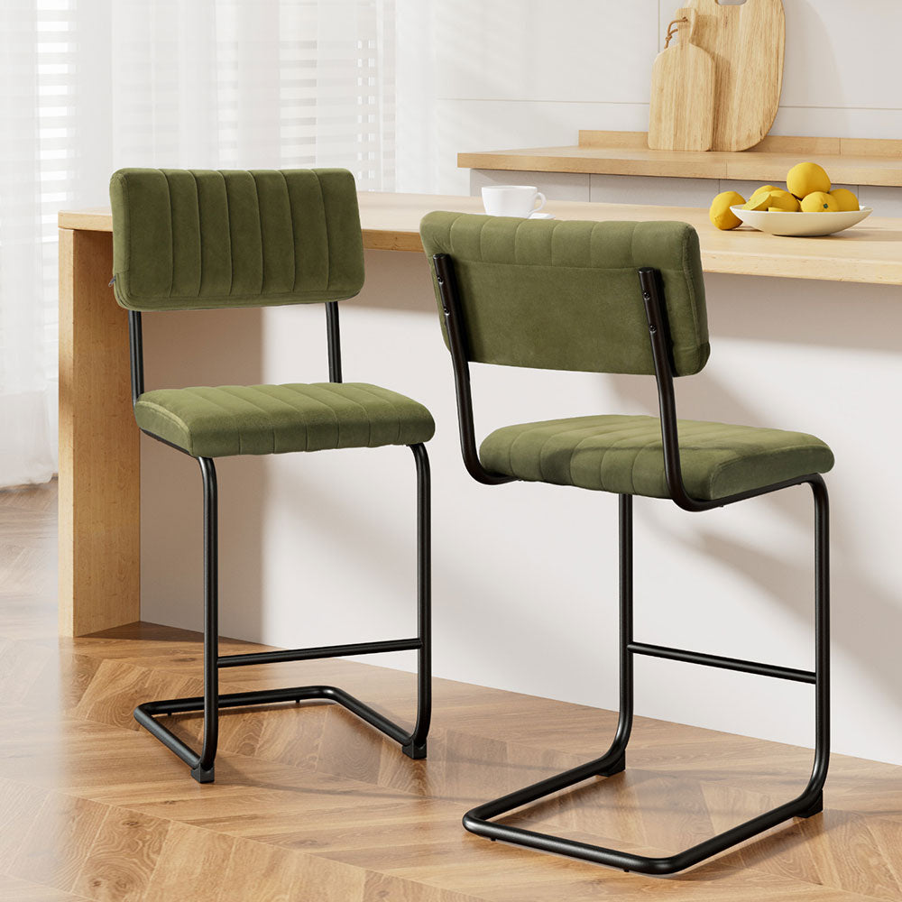 TWSC 2x Bar Stools Velvet Chairs Green