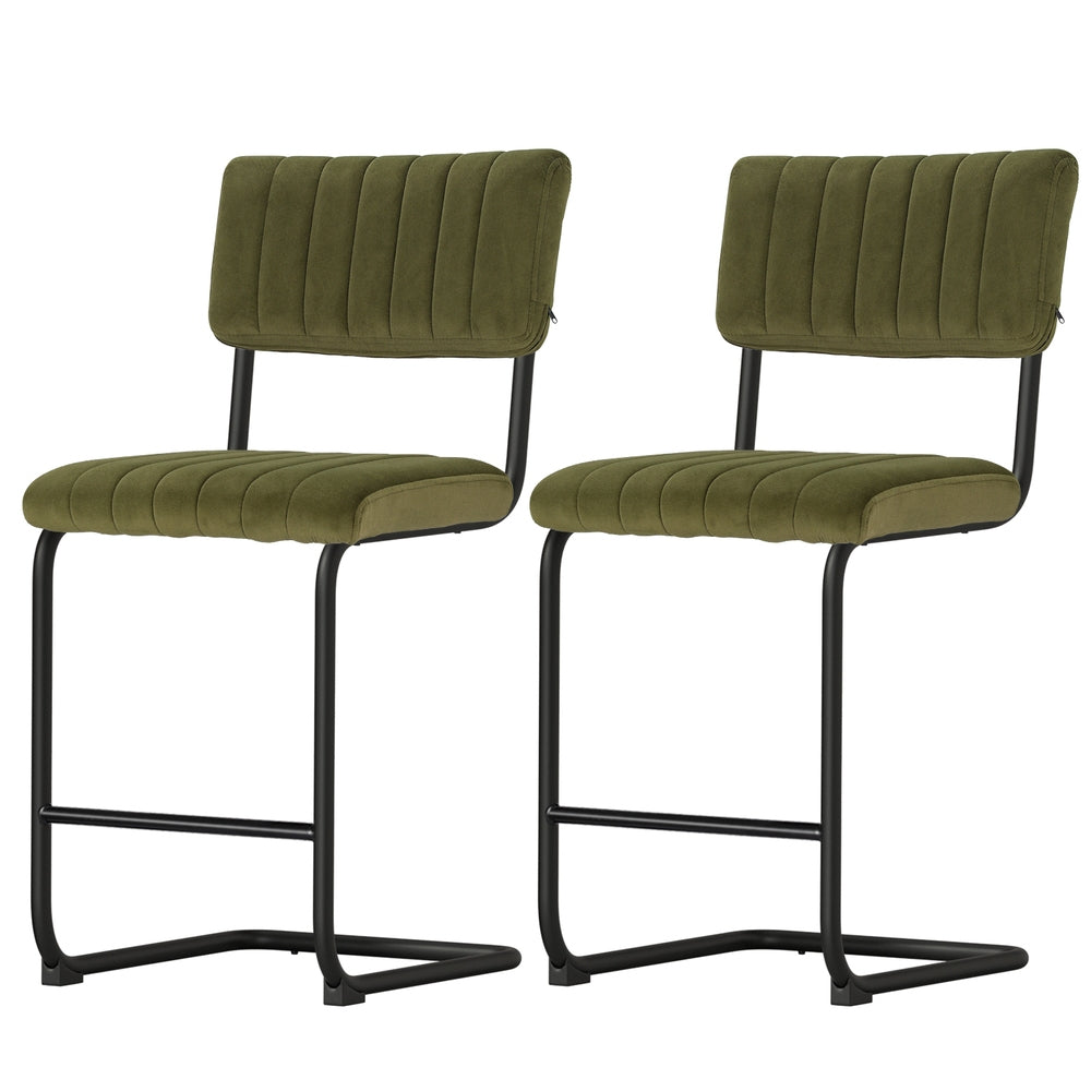 TWSC 2x Bar Stools Velvet Chairs Green