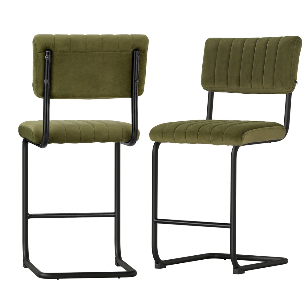 TWSC 2x Bar Stools Velvet Chairs Green