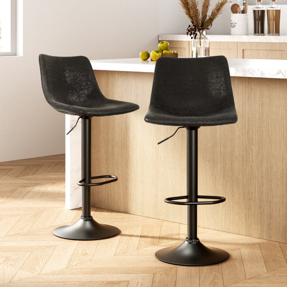 TWSC 2x Bar Stools Vintage Leather Swivel Gas Lift Black