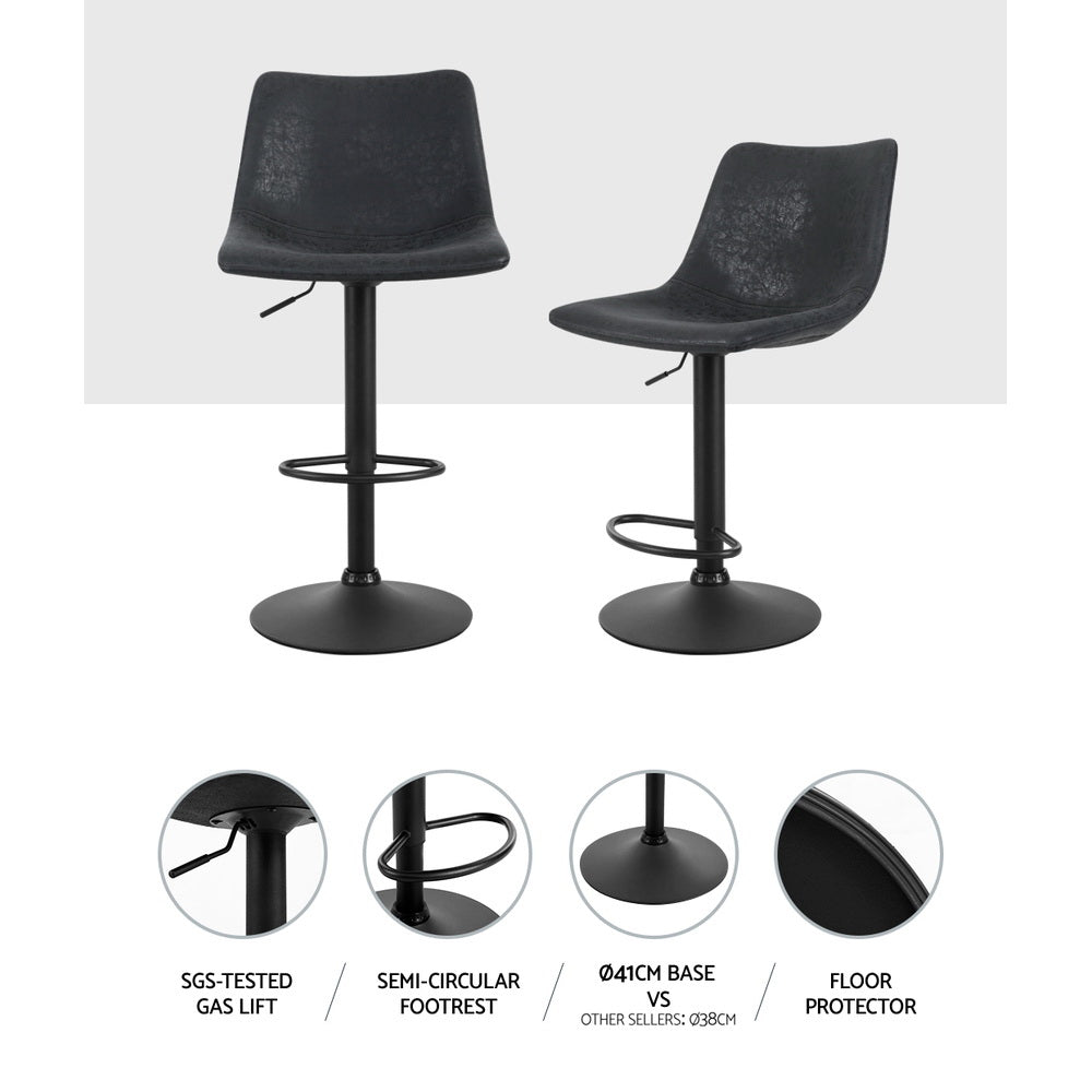 TWSC 2x Bar Stools Vintage Leather Swivel Gas Lift Black