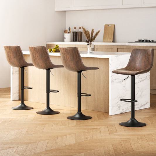 TWSC 4x Bar Stools Vintage Leather Swivel Gas Lift Brown
