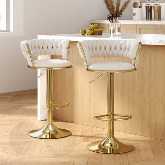 TWSC 2x Bar Stools Gas Lift Velvet Woven Backrest Ivory