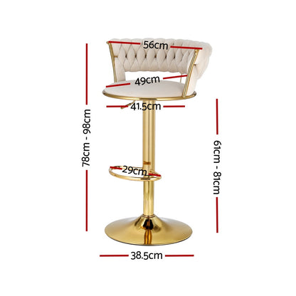 TWSC 2x Bar Stools Gas Lift Velvet Woven Backrest Ivory