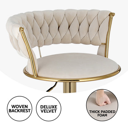 TWSC 2x Bar Stools Gas Lift Velvet Woven Backrest Ivory