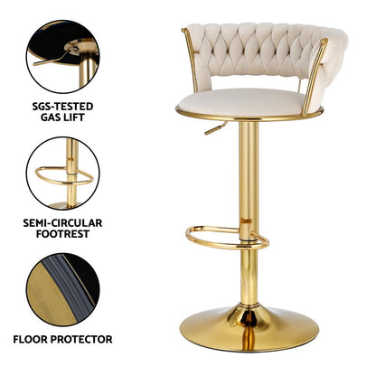 TWSC 2x Bar Stools Gas Lift Velvet Woven Backrest Ivory