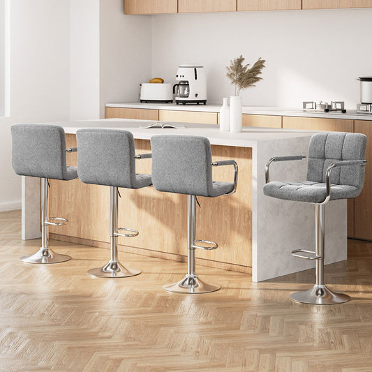 TWSC 4x Bar Stools Fabric Gas Lift w/Armrest Grey